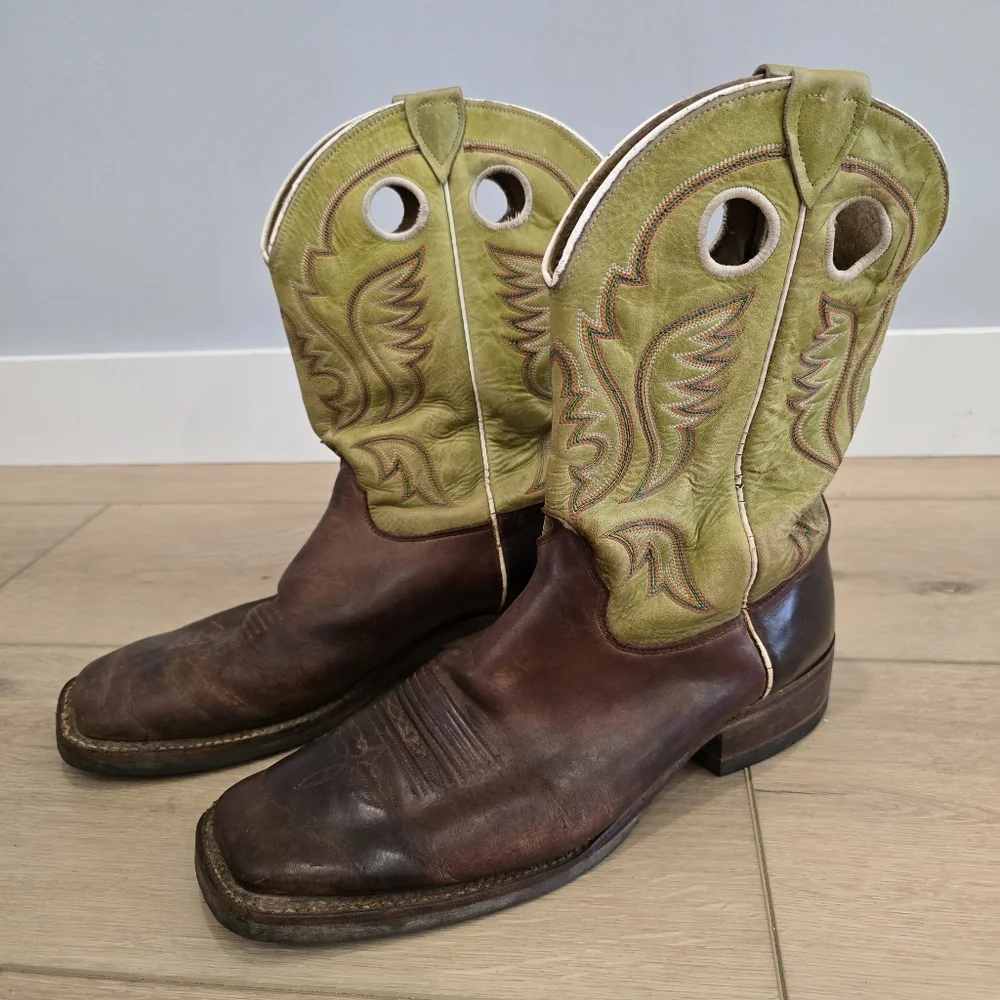 Justin Men's 12 D Cognac Green SquareToe Cowboy Western Boots Handcrafted in USA